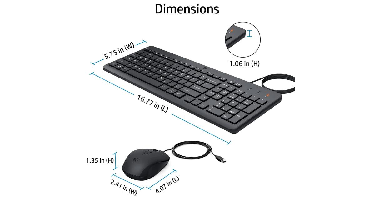 كيبورد HP 150 Wired & Mouse Combo USB 12 Shortcut Keys 6° Adjustable Slope & 1600 DPI Optical Sensor Mouse