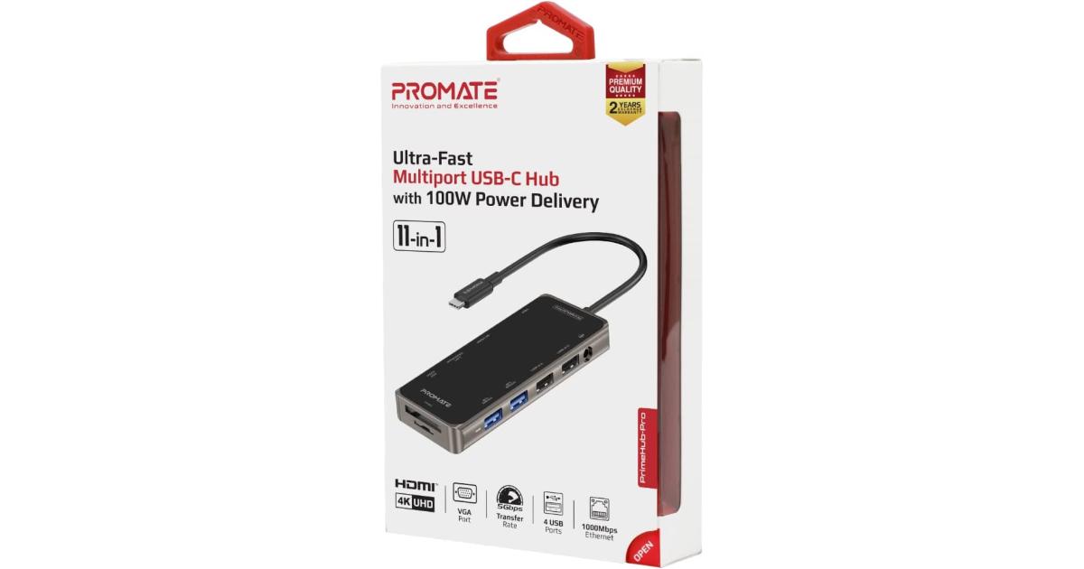 Promate PrimeHub-Pro 11 In 1 Type-C Adapter 100W USB-C Power Delivery 4K HDMI, VGA Port, RJ45 Port, AUX, TF/SD Card Slot & 4 USB