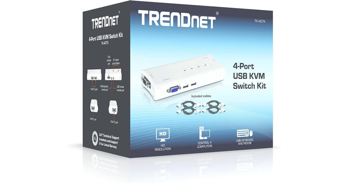 TRENDnet TK-407K 4-Port USB KVM Switch Kit VGA & USB Connections Cabling Included Control Up to 4 Computers For Window, Linux, & Mac