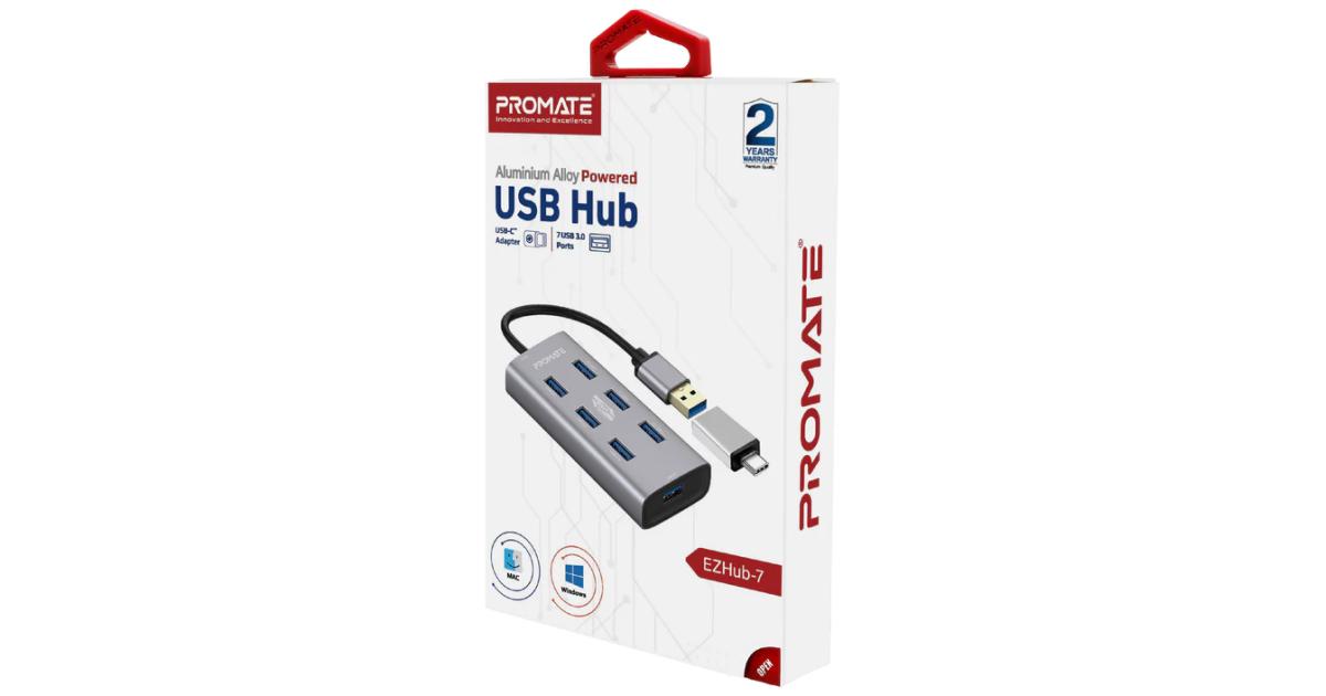 موزع منافذ (USB Hub) Promate EzHub-7 7 In 1 Aluminium Alloy Powered 7 USB 3.0 Ports USB-C Adaptor 5Gbps Transfer Rate Data & Charge
