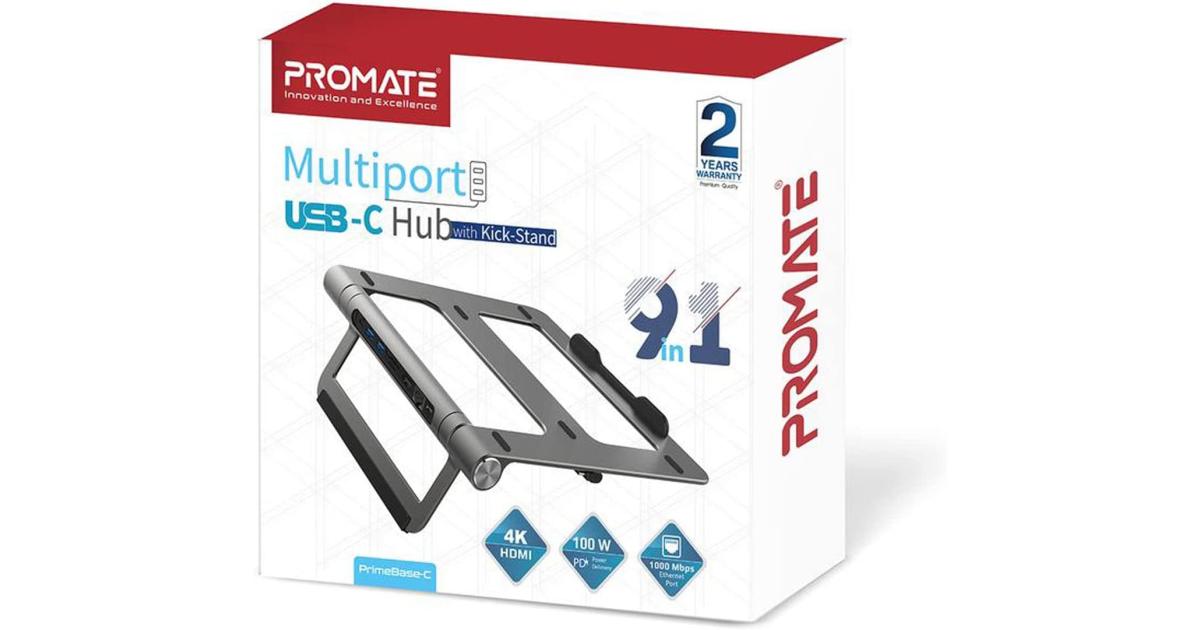لابتوب Promate Aluminum Stand 9-in-1 USB-C Hub Detachable 100W USB-C Power Delivery 4K HDMI Port 1Gbps Ethernet Port 2xUSB 3.0 Ports & MicroSD Slot