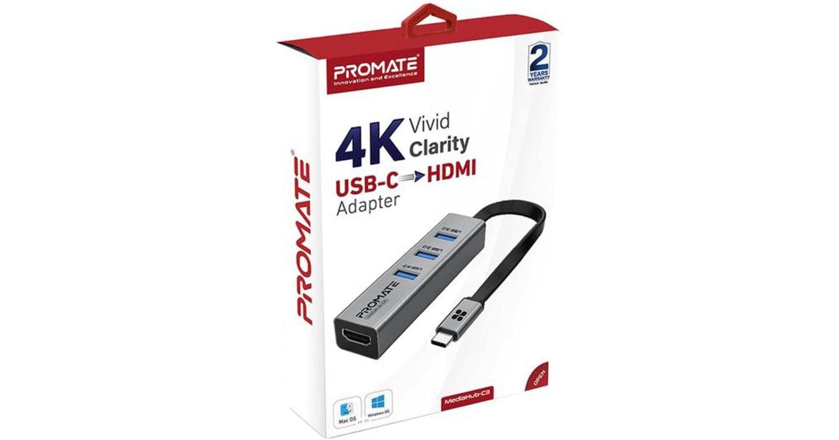 Promate MediaHub-C3 Aluminum USB-C to HDMI Adapter Ultra-Compact Type-C to 4K 30Hz HDMI Hub w/ 3 USB 3.0 Sync Charge 5Gbps Ports