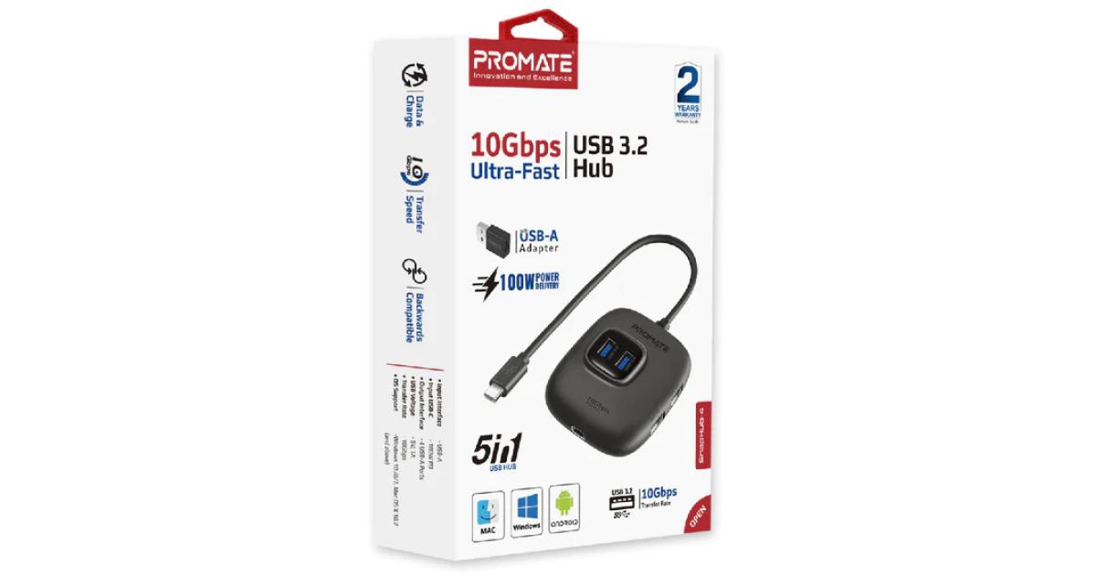 Promate SnapHub-4 4 In 1 Ultra Fast USB 3.2 Hub 4 USB-A Ports 10Gbps Transfer Rate 5V 1A Voltage