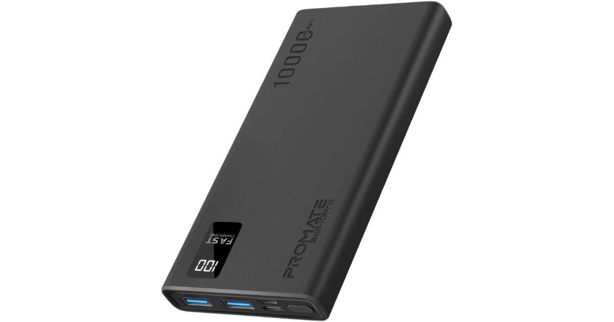 باور بنك (شاحن متنقل) Promate Bolt-10Pro 10000mAh Ultra-Slim 10W USB-C Input/Output Dual USB LED Screen Over-Heating Protection - Black