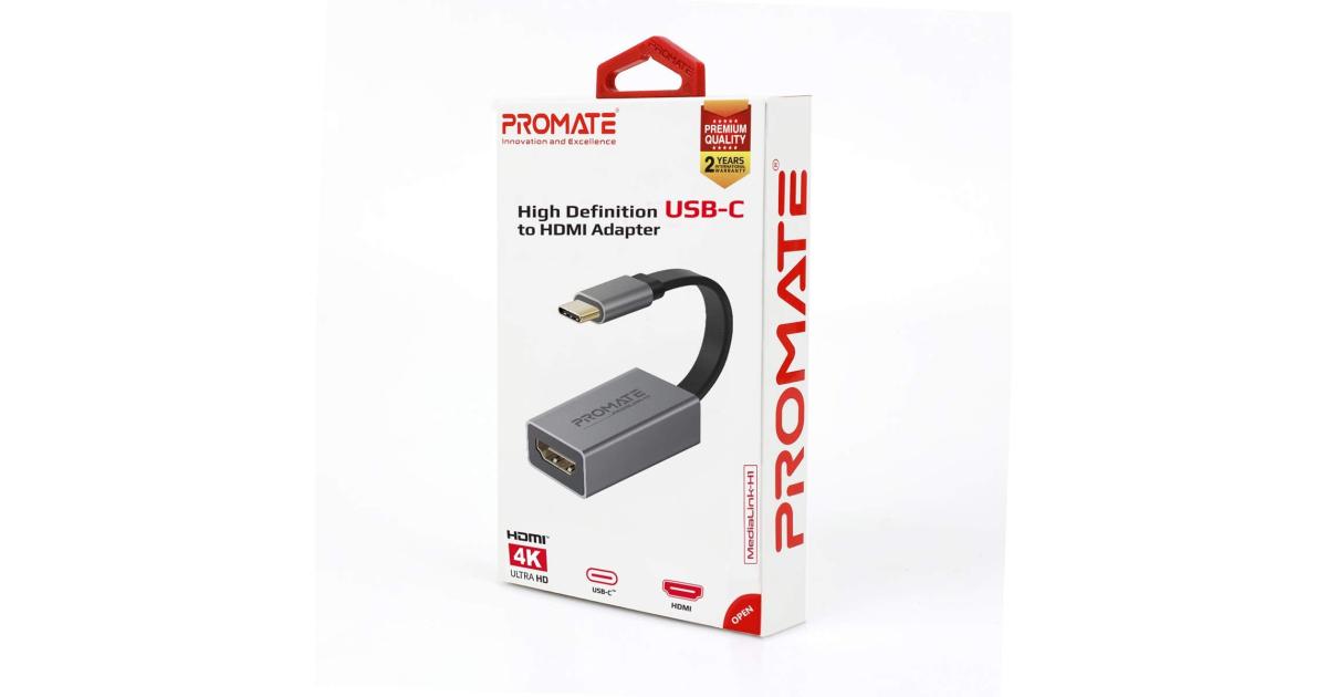 Promate MediaLink-H1 Type-C to HDMI Adapter 4K 30Hz Video Converter w/ Audio Output - Grey