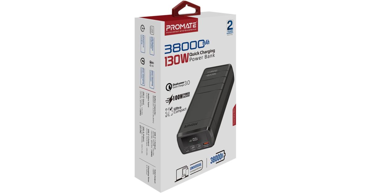 باور بنك (شاحن متنقل) Promate PowerMine-130 38000mAh 130W Quick Charging For Laptops Tablets Smartphones w/ Circuits Protect