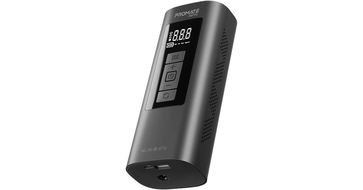 باور بنك (شاحن متنقل) Promate Aerify 4-in-1 Compact Electric Air Pump w/ 6000MaH 150PSI LED Light SOS Safety Hammer & Built-In TPMS for Car Tires