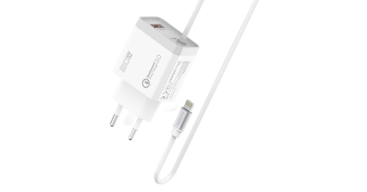 Promate iCharge-PDQC3 Fast Charging 20W Power Delivery Wall Charger with 1.5m Lightning Cable, Quick Charge 3.0 Port EU Outlet, White