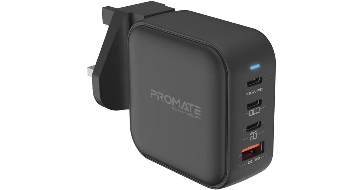 شاحن Promate GaNPort4-100PD USB-C 100W GaN Technology Fast Dual Type-C w/ 20W USB-C Port 18W QC 3.0 Port