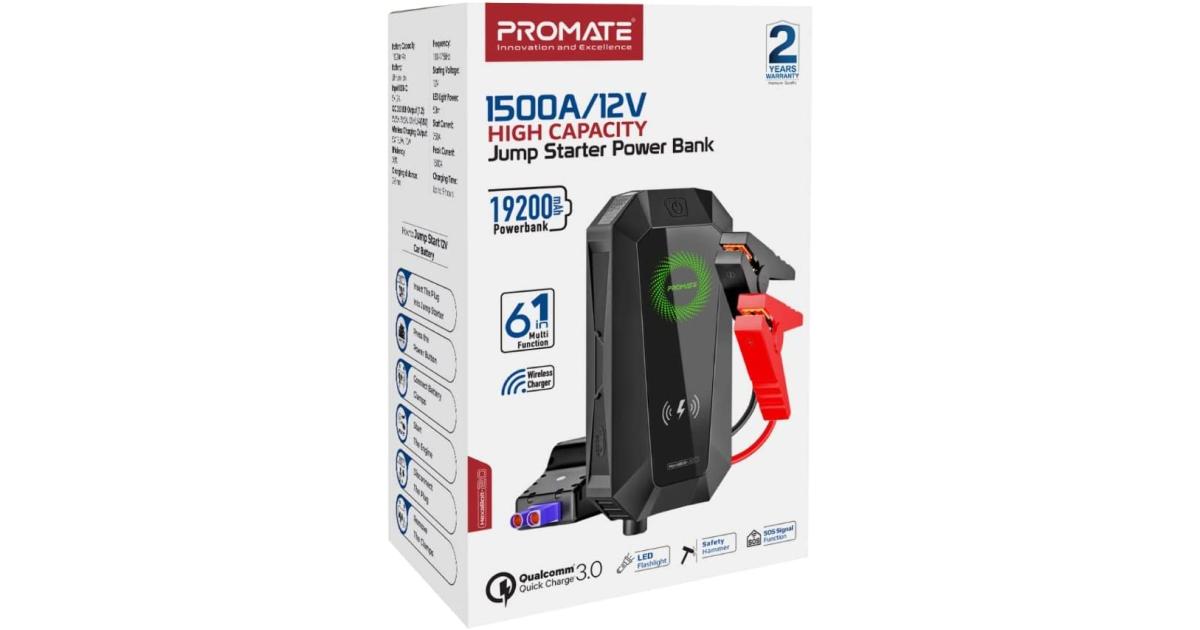 باور بنك (شاحن متنقل) Promate Hexabolt 20 1500A/12V Car Jump Starter w/ 19200Mah 10W Qi Charger Dual Qc 3.0 Ports - Black