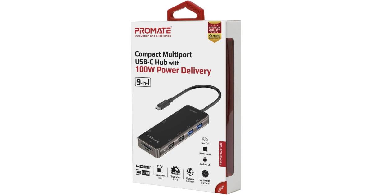 Promate PrimeHub-Go 9-In-1 USB Type-C Adapter w/ 1000Mbps Lan 100W USB-C Power Delivery 4K HDMI 4 USB Ports & TF/SD Card Slot