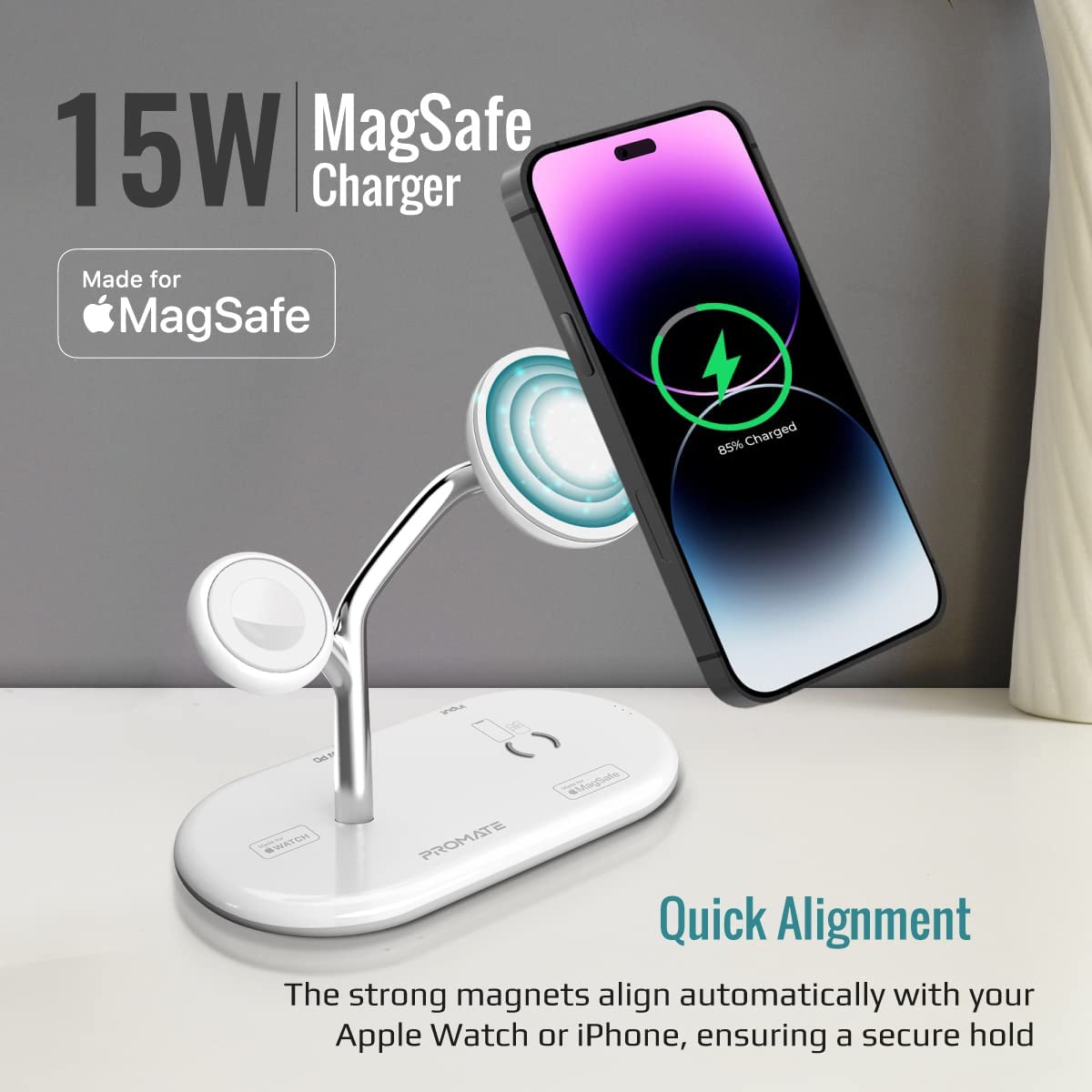 Promate MagSafe Charging Station with 5W Magnetic MFi Apple Watch Charger,15W Charging Stand,24W USB-C Power Delivery Port and 5W/10W Qi Charging Pad for AirPods Pro,iPhone 14,iPad Air