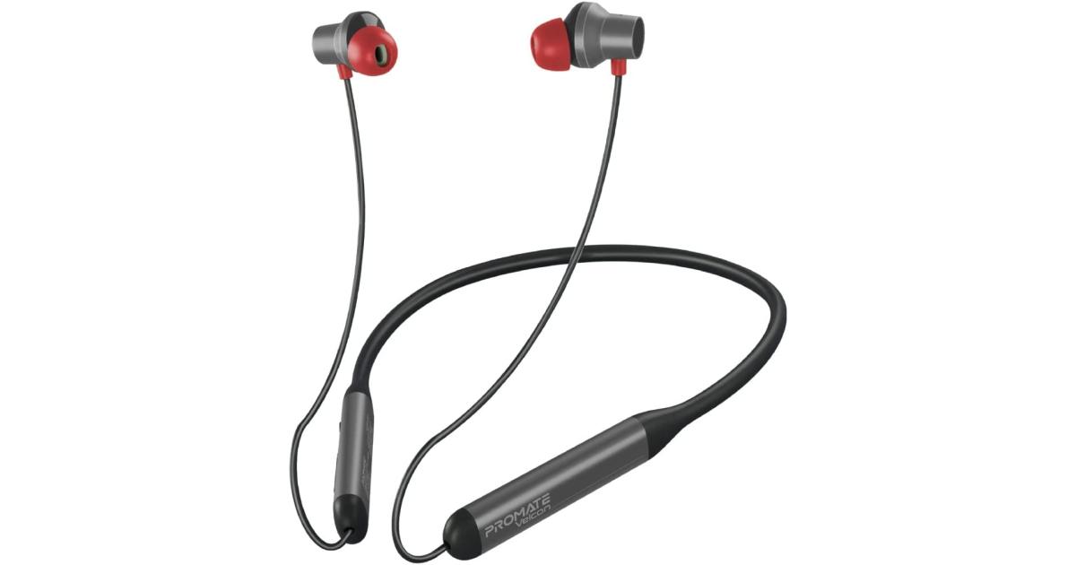Promate Velcon Wireless Neckband Earphones Active Noise Cancelling Bluetooth Earphones w/ Anti-Slip Neckband IPX4 Sweat-Resistance & 35H Playtime - Black