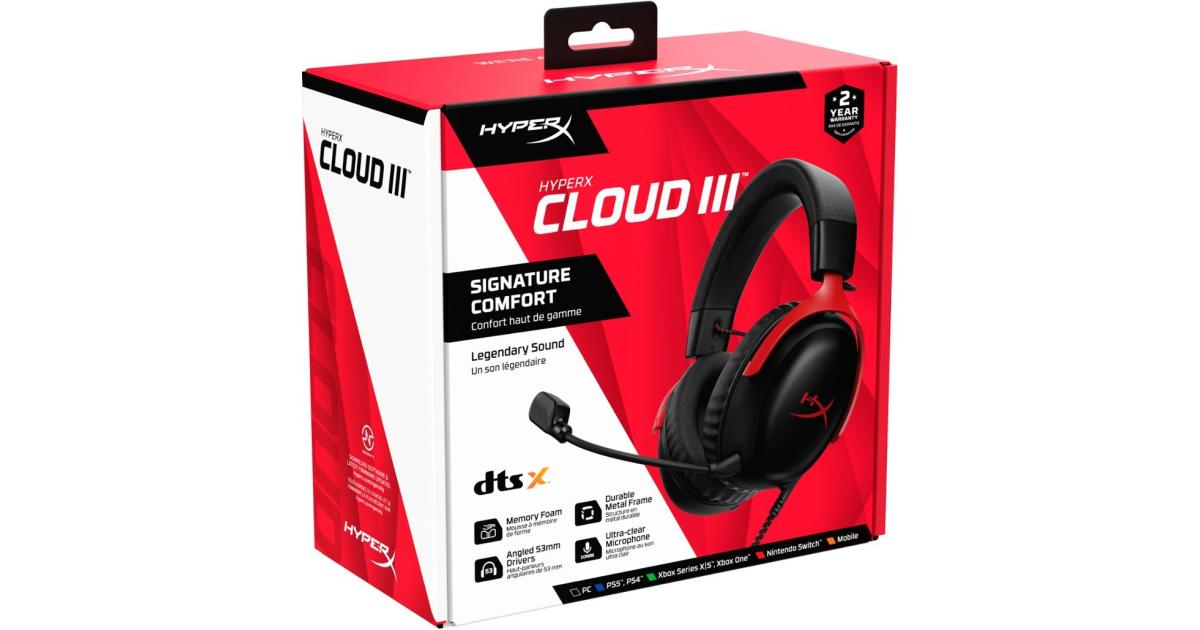 HyperX Cloud III Wired Angled 53mm Drivers DTS Memory Foam Durable Frame Ultra-Clear 10mm Mic USB-C & USB-A 3.5mm For PC, PS5, Xbox Series X|S - Red
