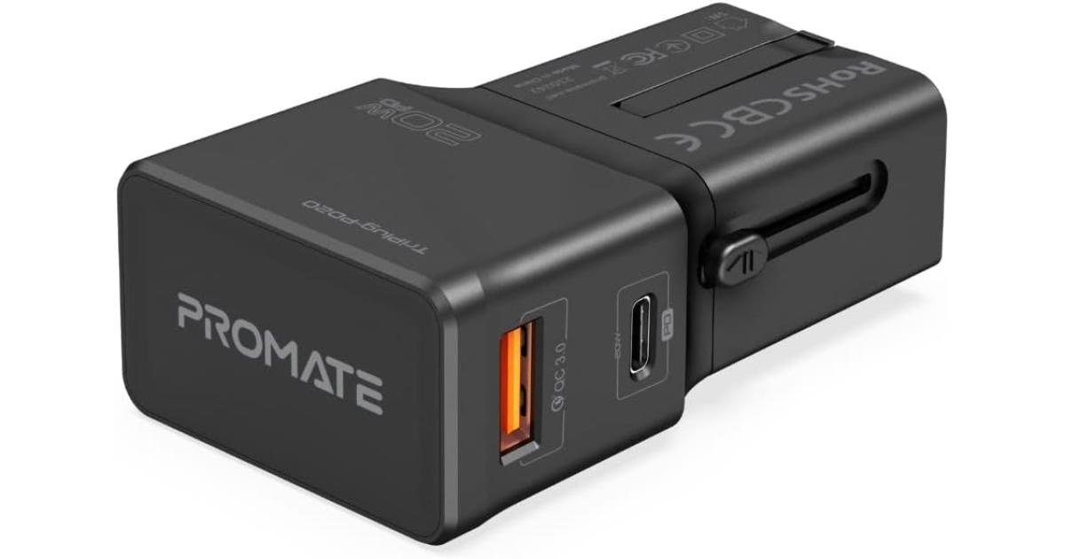 Promate TriPlug-PD20 Universal Compact 20W Travel Adapter Fast Charge 3.0 US/UK/EU/AU Plug Stylish Sliding Design - Black