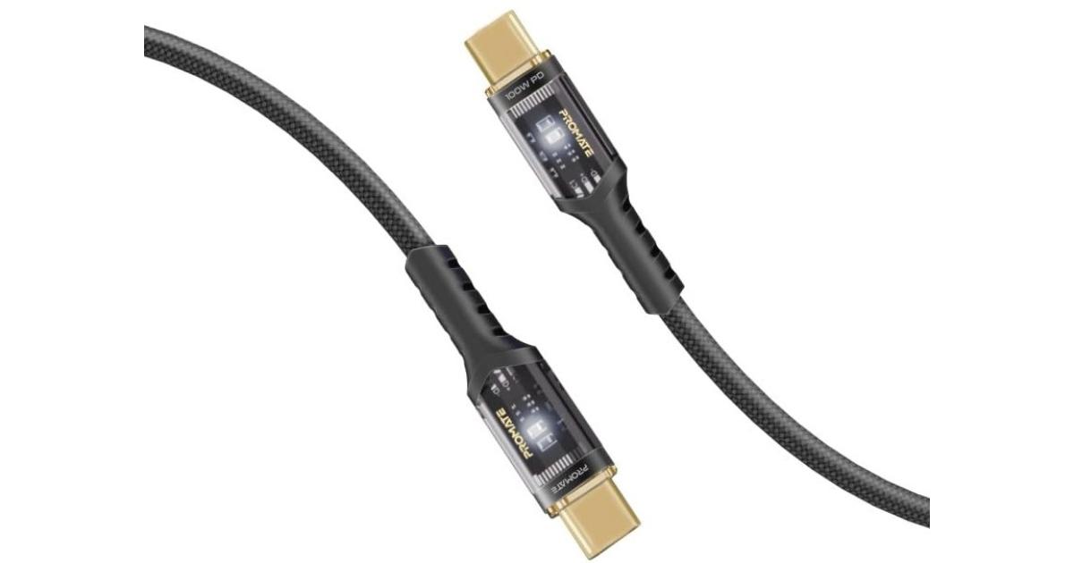 Promate LucidLine-CC120 USB-C™ to USB-C™ Cable Fast-Charging 100W with Transparent Tips LED 480Mbps Data Sync 120cm Nylon Braided - Black