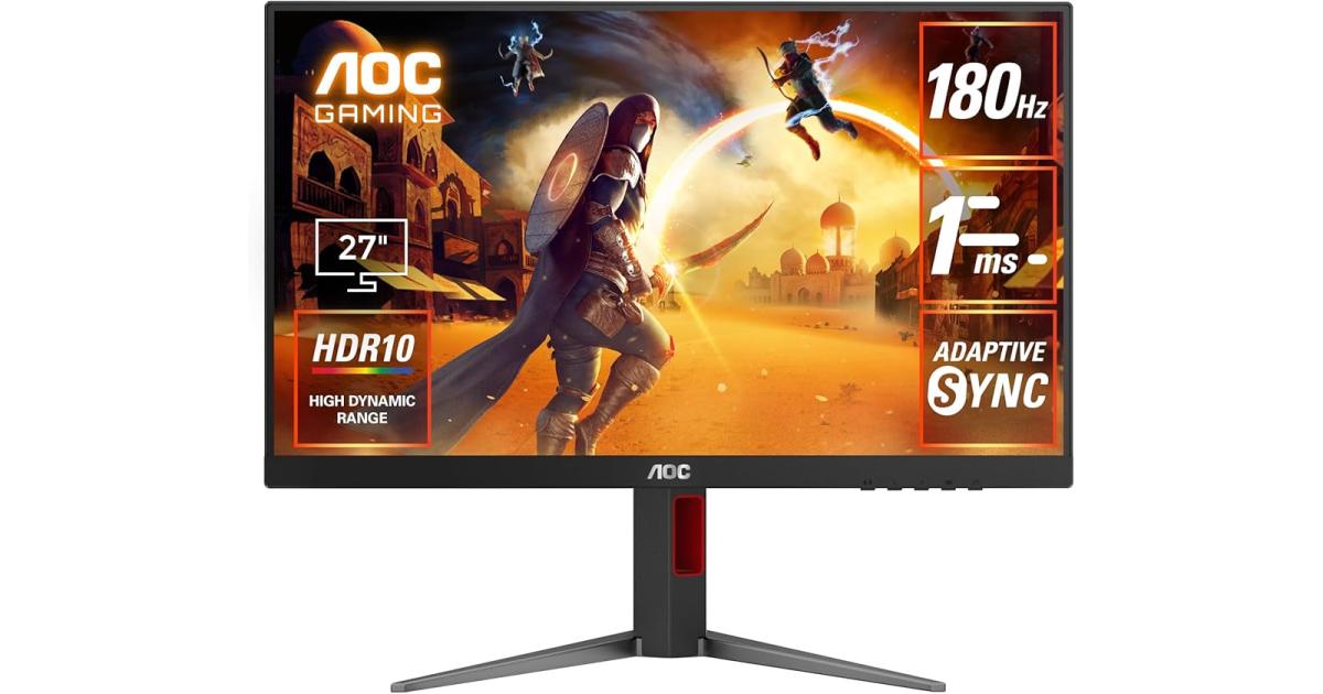 AOC 27G4 Gaming 27" Fast IPS Full HD 180Hz up to 1ms HDR10 sRGB 130% Adaptive-Sync w/ HDMI 2.0 & DisplayPort & Adjustable Stand