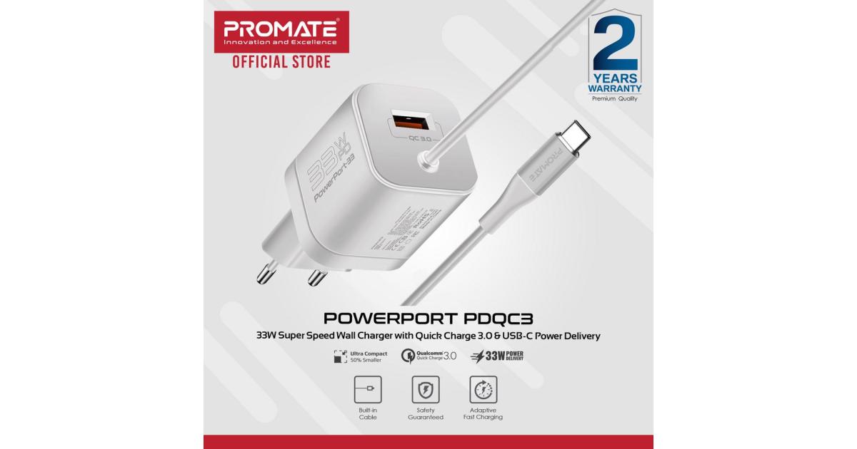 شاحن Promate PowerPort-PDQC3 USB-C Premium 33W with 22.5W Quick Charge 3.0 Port & 1.5M Type-C Cable EU Interface - White