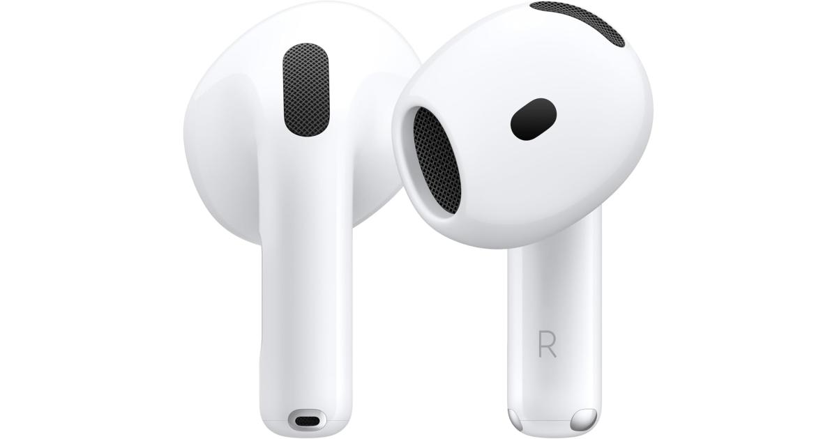 سماعات أذن Apple AirPods 4 اللاسلكية، صوت مكاني مخصص، مقاومة للعرق والماء، حافظة شحن USB-C، شريحة H2، عمر بطارية يصل إلى 30 ساعة