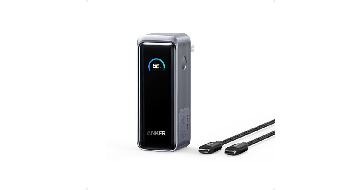باور بنك (شاحن متنقل) Anker Prime , 9,600mAh Battery Pack with 65W Output, Built-in AC Plug, Supports PD 3.0 and PPS, 30W Fast Recharging, Sleek Portable Charger for MacBook Pro, iPhone 15 Series, Galaxy, iPad