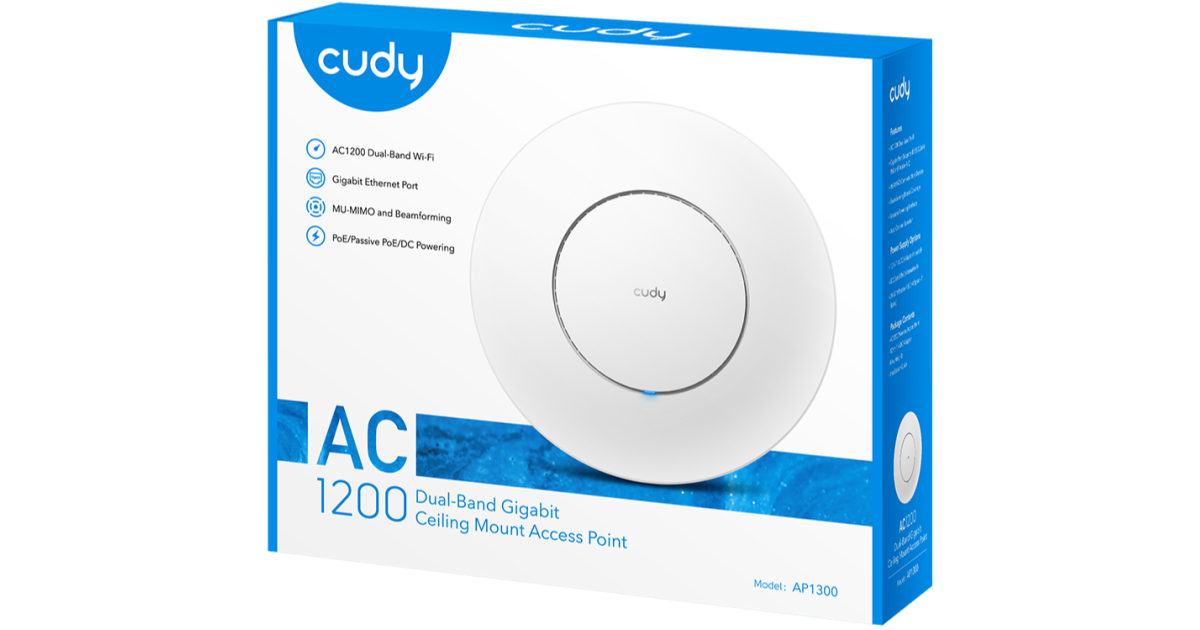 Cudy AP1300 AC1200 Gigabit Access Point Gigabit RJ45 Mesh Support Beamforming MU-MIMO PoE or DC Powered 12V DC Power Adapter Included