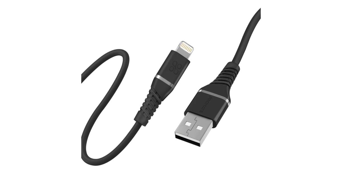 Promate USB-A to Lightning Cable High Tensile 2.4A Super-Fast USB-A to Lightning Charger 120 cm Anti-Tangle Silicone - Black