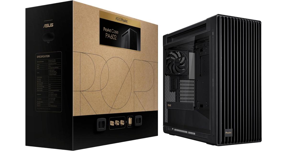 كرت شاشة ASUS ProArt PA602 E-ATX Case 420mm Radiator Support Dual 200mm Built-in Fans Front Panel IR dust Indicator Power Lock Latch Tool-Less PCIe mounting & Holder