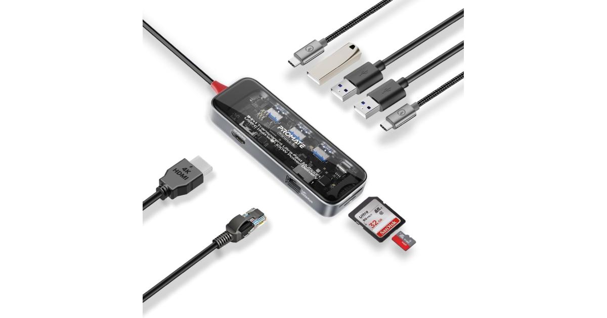Promate TransHub-Go USB-C™ Hub 9-in-1 Multi-Display Media Hub 4K@60Hz HDMI 1000Mbps LAN 2x USB-A 5Gbps Ports 100W USB-C™ Power Delivery