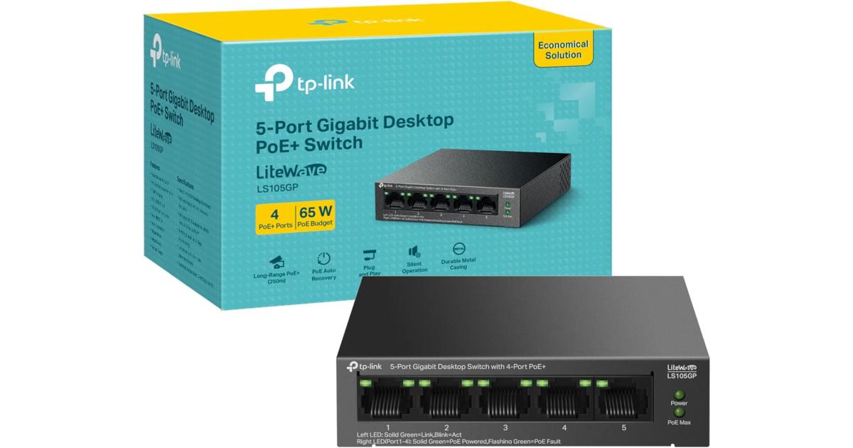 TP-Link LS105GP 5-Port Gigabit Desktop Switch with 4-Port PoE+ up to 10 Gbps 65W PoE Desktop or Wall-Mounting Design Metal Case