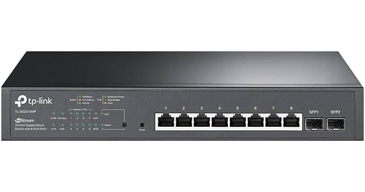 TP-Link TL-SG2210MP Jetstream 10 Port Gigabit Smart Managed 8 PoE+ Ports 150W 2 SFP Slots Support Omada SDN PoE Recovery IPv6 Static Routing