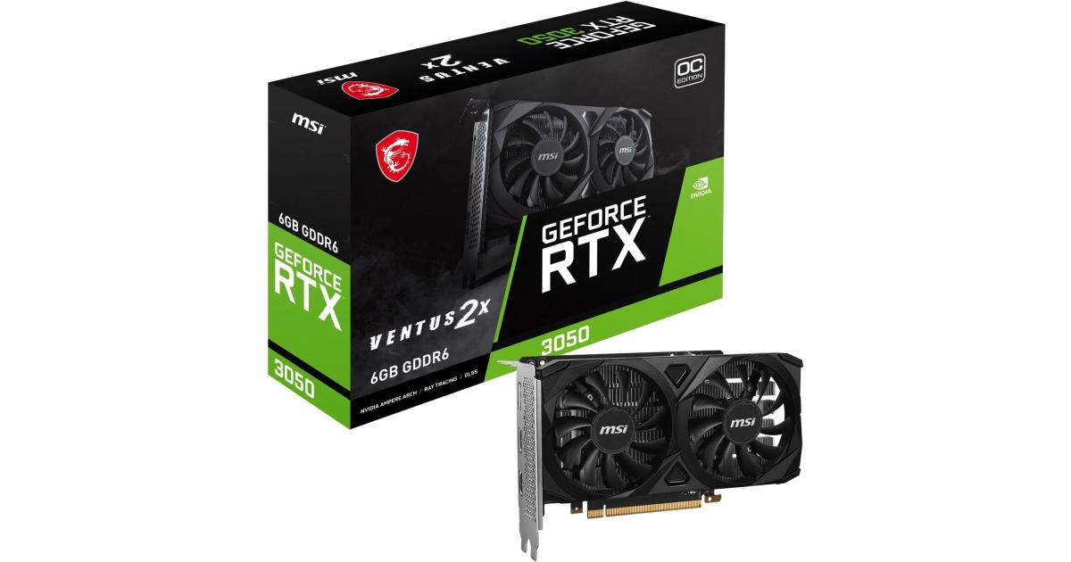 كرت شاشة MSI GeForce RTX 3050 VENTUS 2X E 6GB OC , GDDR6 96-Bit Memory, 1492 MHz Boost Clock, 14 Gbps Memory Speed, 2304 CUDA Cores, PCI Express Gen 4 x16