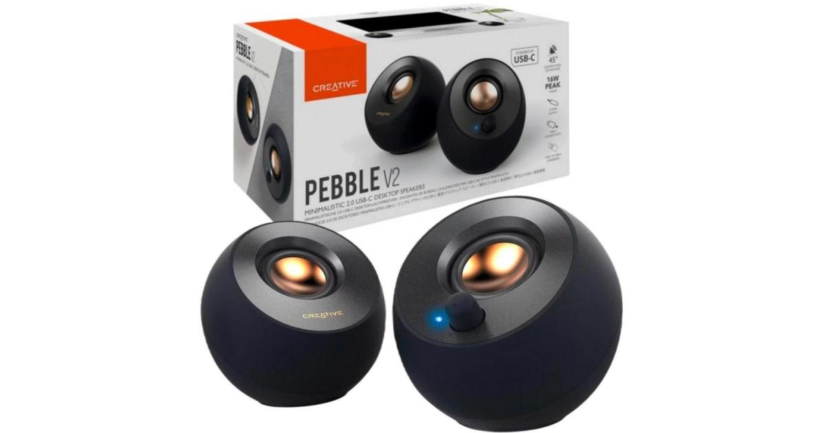 Creative Pebble V2 Minimalistic 2.0 USB-C Powered 3.5 mm AUX-in Up to 8W RMS Type-A Adapter Included & Extended Cable - Black