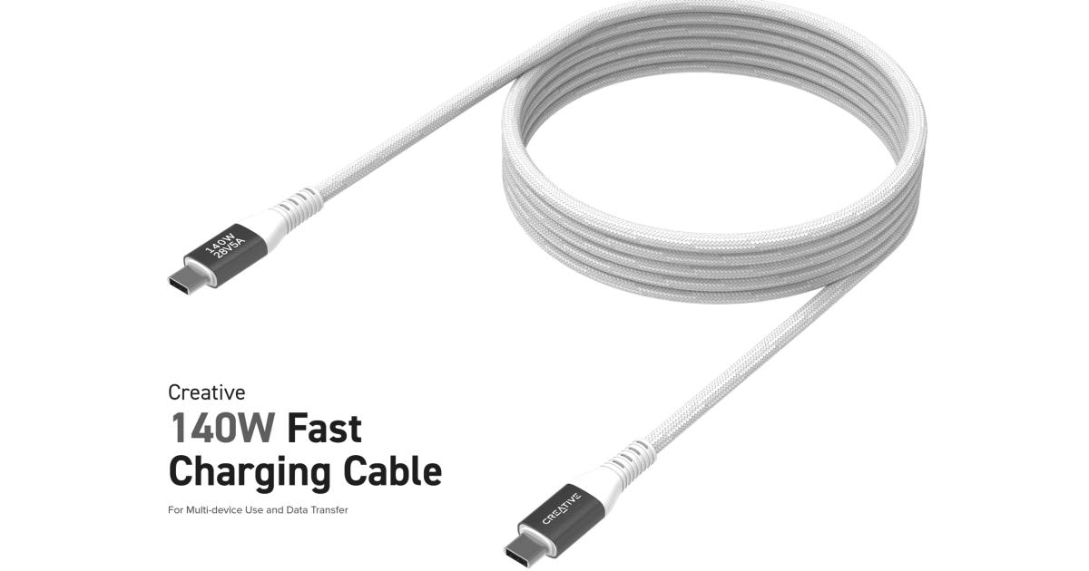 Creative 140W USB-C to USB-C Fast Charging & Data up to 480 Mbit/s 2m Cable Built-in 5A E-Marker Chip For Mobile Tablets Laptops PS5™ & Nintendo Switch