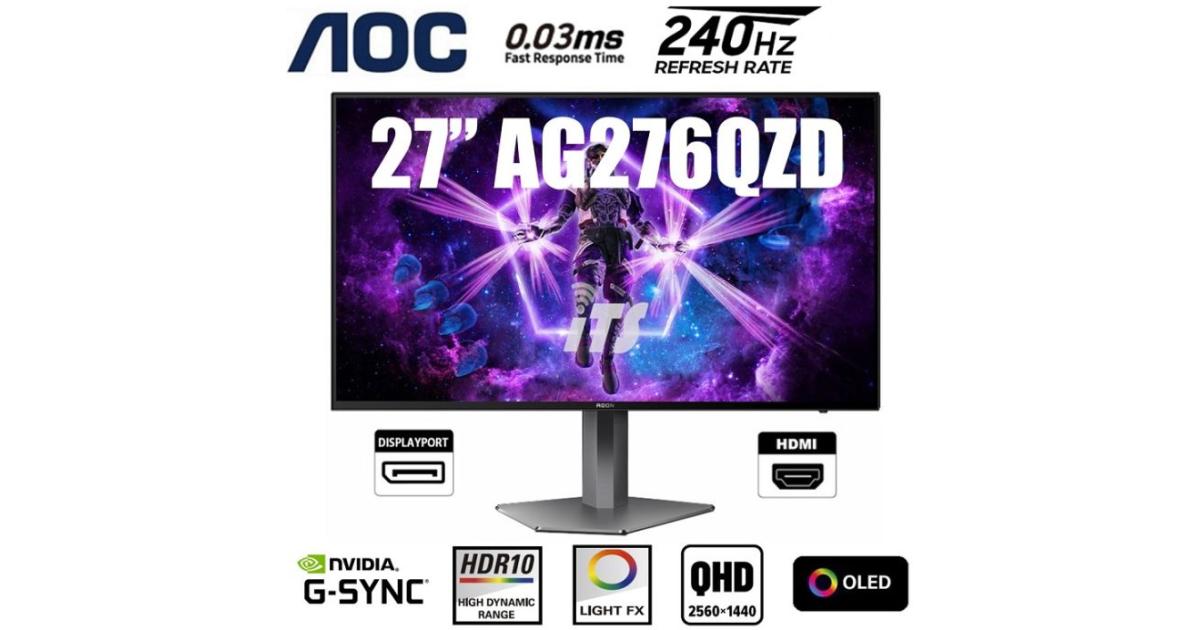 AOC AG276QZD 27" OLED 2K QHD 240Hz 0.03ms HDR10 sRGB 137% 1.07Billion Color G-SYNC Compatible Adjustable Stand w/ HDMI 2.0 & DisplayPort & Speakers