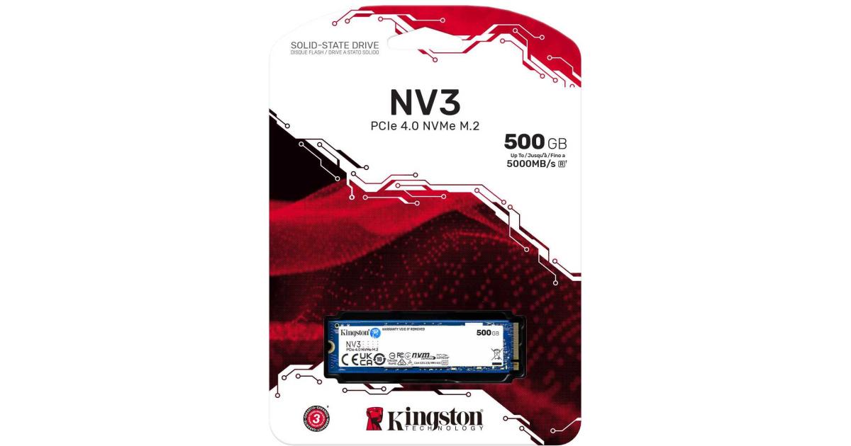 وحدة تخزين SSD داخلية Kingston NV3 500GB M.2 2280 NVMe PCIe Gen 4x4 Up to 6000 MB/s
