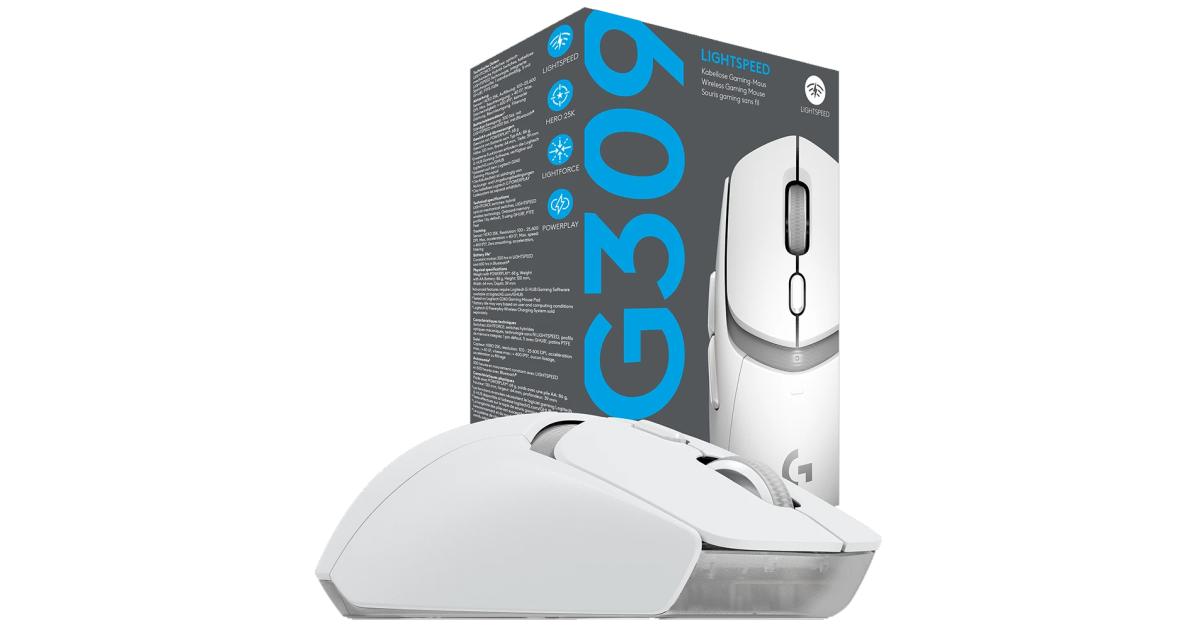 ماوس ألعاب لاسلكي Logitech G309 Lightspeed , Lightweight, LIGHTFORCE Hybrid Switches, Hero 25K Sensor, 86g & 300+ hr Battery Life with AA Battery, 6 Programmable Buttons, PC & Mac -White
