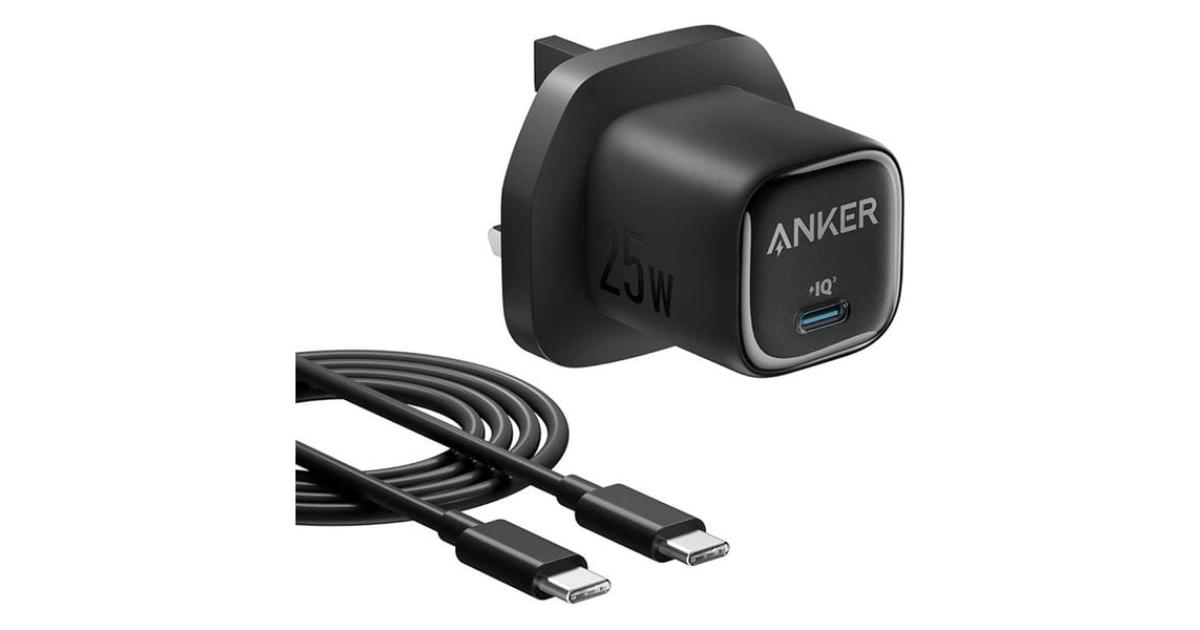 شاحن Anker 25W USB C Block, Compact and Foldable, Supports PPS Fast Charging for Galaxy S24/Z Fold/Z Flip/Tab, iPhone 17/16 Series, iPad with Cable - Black