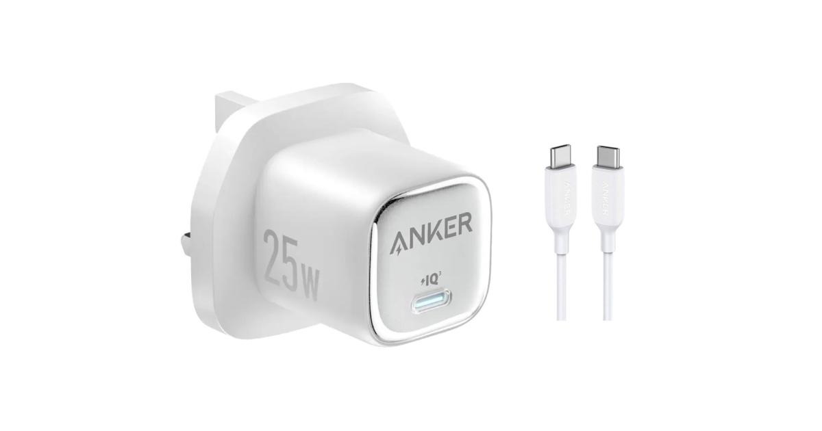 شاحن Anker 25W USB C Block, Compact and Foldable, Supports PPS Fast Charging for Galaxy S24/Z Fold/Z Flip/Tab, iPhone 17/16 Series, iPad with Cable - White