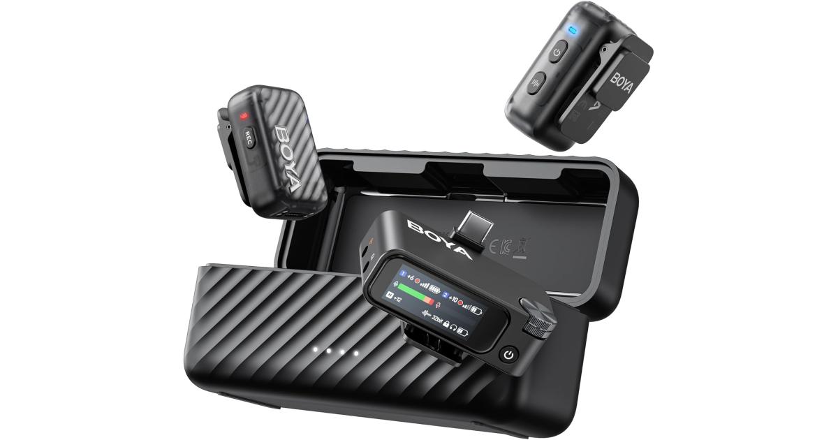 BOYA BOYAMIC 2 Wireless Microphones for iPhone 15-16/Android/PC/Camera, AI Noise Cancellation,32-bit Float Internal Recording,984ft Range, 54H Battery with Charging Case for Recording(without Clip Mic)