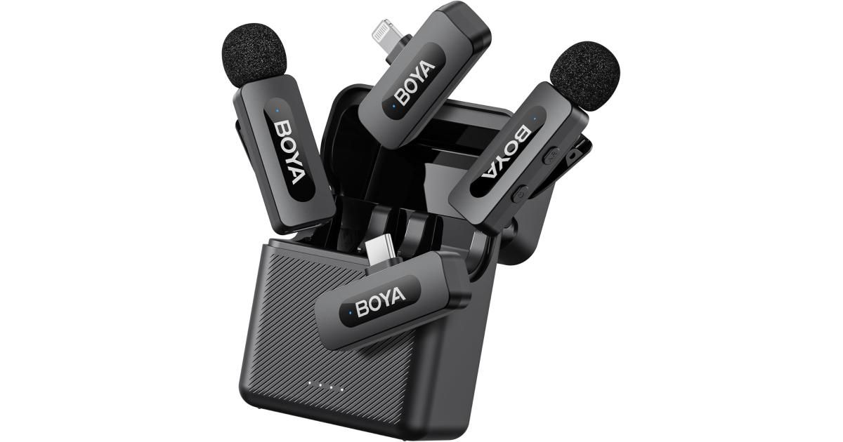 BOYA BY-V3 Combo Wireless Microphone for iPhone Android Smartphone,100M Los Range,36H Duration,Noise Cancellation,Plug&Play Lavalier Lapel Mics for Vlogging Interview 2-in-1 Charging Case(2TX+2RX)