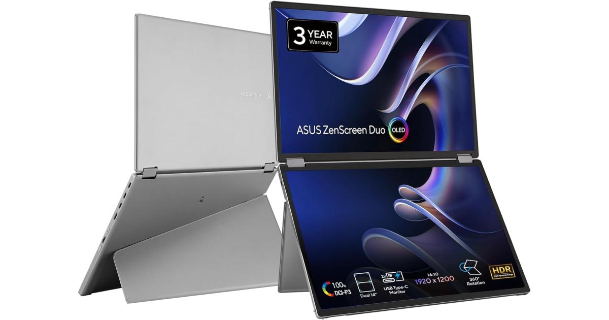 شاشة ASUS MQ149CD ZenScreen Duo OLED 360° Foldable Portable - Dual 14-inch, 16:10, 1920x1200, DisplayHDR400 True Black, 100% DCI-P3, Delta<2, Dual USB-C, Mini-HDMI, Kickstand