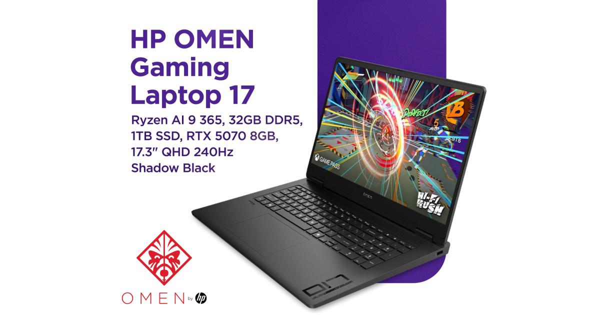 HP OMEN 17 (2025) 17-db1002ne AMD Ryzen AI 9 365 10-Cores Next-Level AI-Powered w/ Nvidia RTX 5070 8GB DDR7 & IPS 2.5K 240Hz Display - Shadow Black
