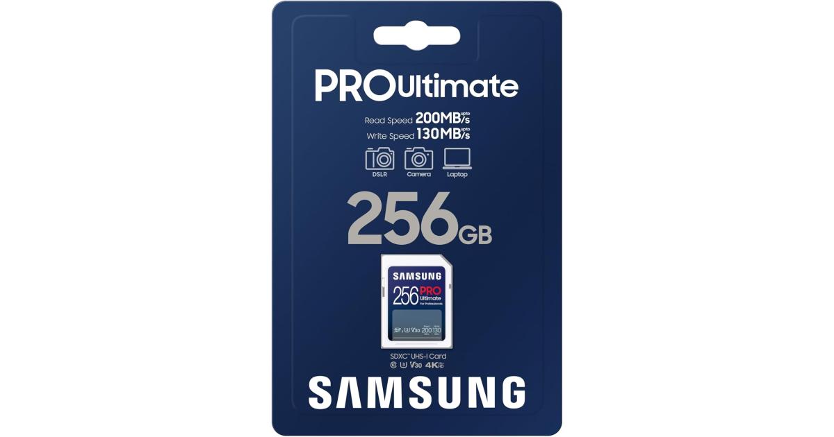 Samsung PRO Ultimate Full Size 256GB SDXC Memory Card, Up to 200 MB/s, 4K UHD, UHS-I, C10, U3, V30, A2, for DSLR, Mirrorless Cameras, PCs