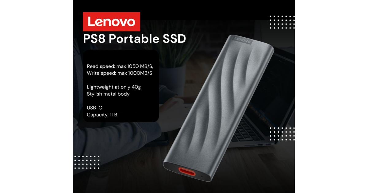 SSD خارجي Lenovo PS8 1TB Portable SSD Fast Data up to 1050 MB/S Pocket-Sized Stylish Metal Body USB 3.2 Gen 2 , Grey