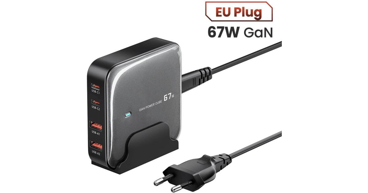 شاحن TOOCKI 67W 4-Port USB PD 2USB-A+2USB-C PD QC3.0 PPS Fast Charging Desktop Charging Station EU Plug with 1.5M AC Cable for iPhone 16 16 Pro 15 14 13 Pro Max for Huawei Mate XT for Xiaomi 15 pro - Black