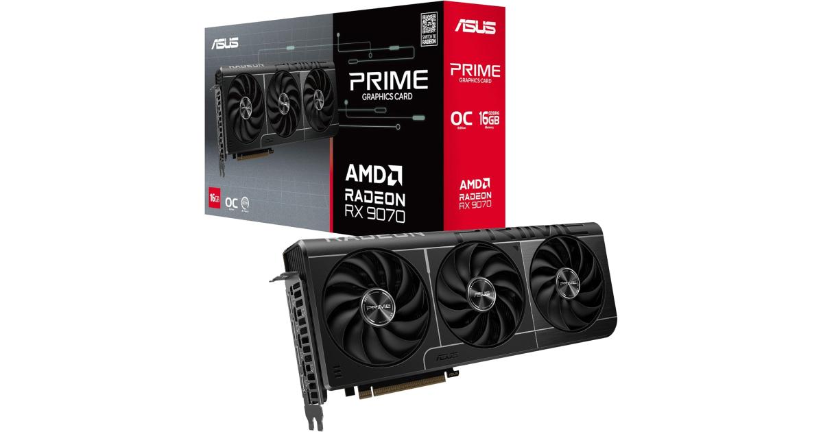 كرت شاشة ASUS Prime Radeon RX 9070 EVO OC Edition (PCIe 5.0, 16GB GDDR6, HDMI/DP 2.1, 2.5-slot design, axial-tech fans, dual ball fan bearings, dual BIOS, ASUS GPU Guard)