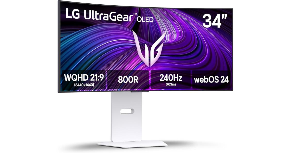 LG 34GX90SA UltraGear™ Smart 34” OLED Curved 800R 2K HDR10 240Hz 0.03ms True Black 400 webOS24 AI Picture & Sound G-SYNC Compatible HDMI 2.1 & USB C Adjustable Stand - White