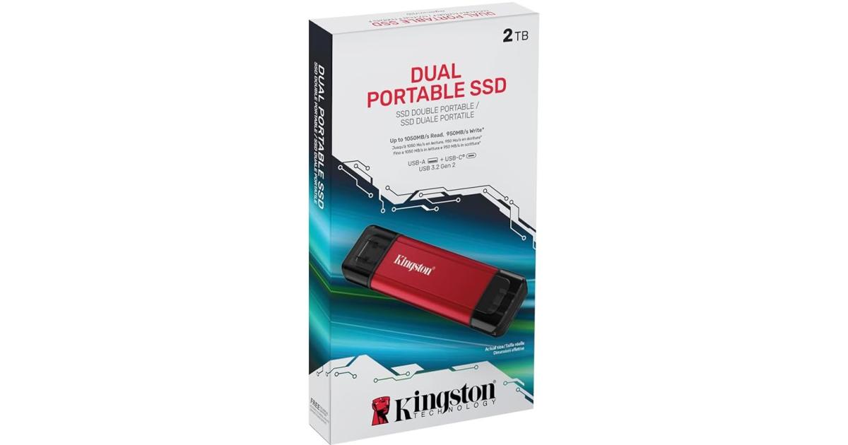 Kingston 2TB Dual USB-A & C Portable SSD Durable Metal Casing Up to 1050MB/s USB 3.2 Gen 2 support Windows, macOS, Linux , Chrome , Android™, iOS/iPadOS