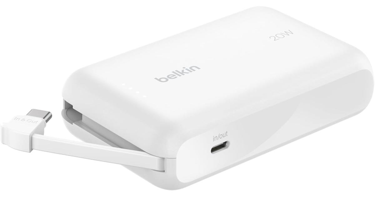 باور بنك (شاحن متنقل) Belkin BoostCharge 10000mAh, portable with integrated cable PD 20W, fast charge USB-C power delivery, fast charging for iPhone 16 series, iPad Pro, Galaxy S24 and more - White