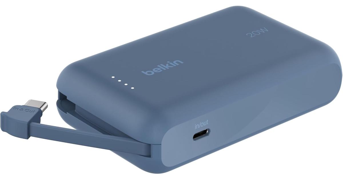 باور بنك (شاحن متنقل) Belkin BoostCharge 10000mAh, portable with integrated cable PD 20W, fast charge USB-C power delivery, fast charging for iPhone 16 series, iPad Pro, Galaxy S24 and more - Blue